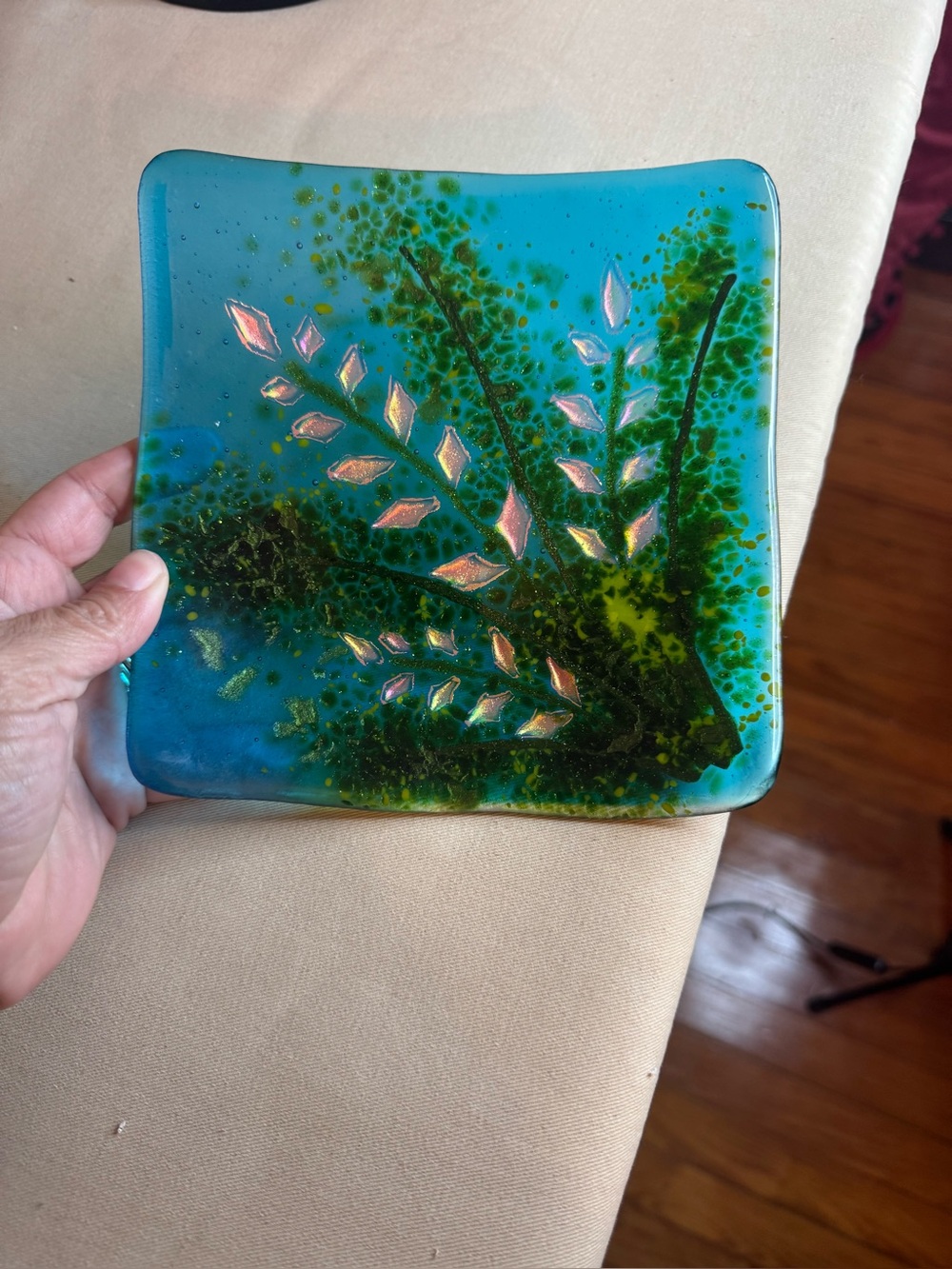 Laura Mendola Handcrafted Blue-Green Fused Glass Wall Art Panel